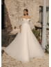 Off Shoulder Beaded Ivory Lace Tulle Wedding Dress With Detachable Sleeves